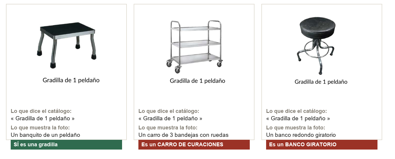 Las tres fotos de la página 44 del PDF rotuladas «Gradilla de 1 peldaño»: un banquito, un carro de curaciones y un banco giratorio